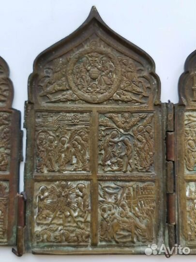 Икона Складень старинная медная латунная пластика