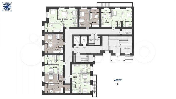 2-к. квартира, 56,4 м², 1/16 эт.