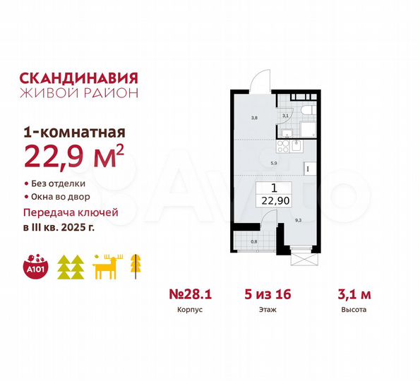 Квартира-студия, 22,9 м², 5/16 эт.