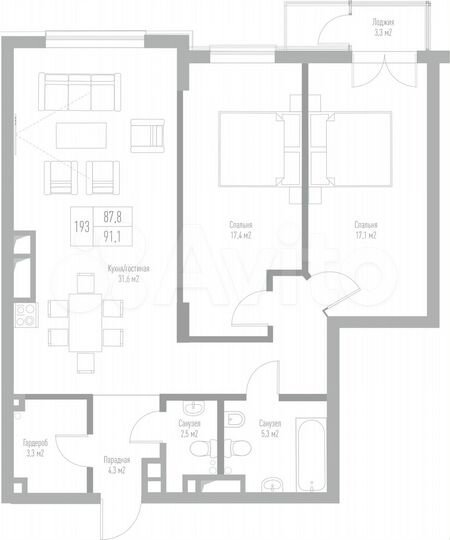 2-к. квартира, 91,1 м², 3/7 эт.