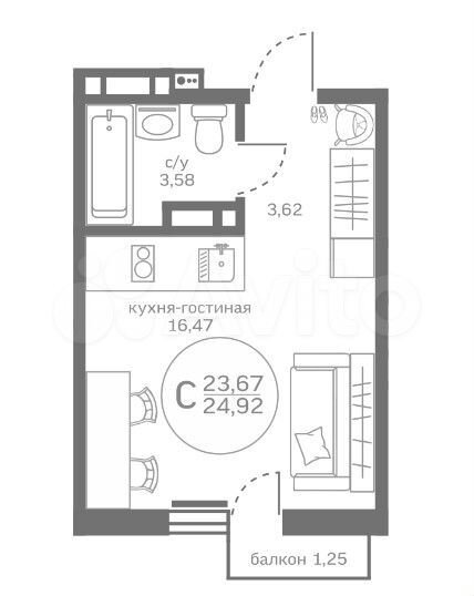 Квартира-студия, 24,9 м², 17/17 эт.