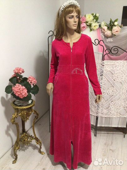 Розовый бархатный длинный халат Турция М