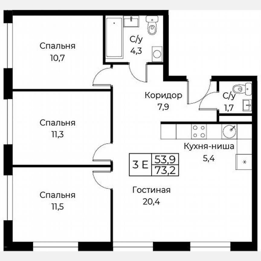 3-к. апартаменты, 73,2 м², 6/30 эт.