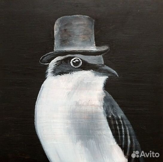 Картина миниатюра на дереве маслом птица в шляпе