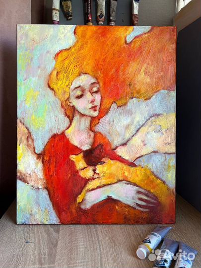 Картина маслом девушка кот ангел в интерьер