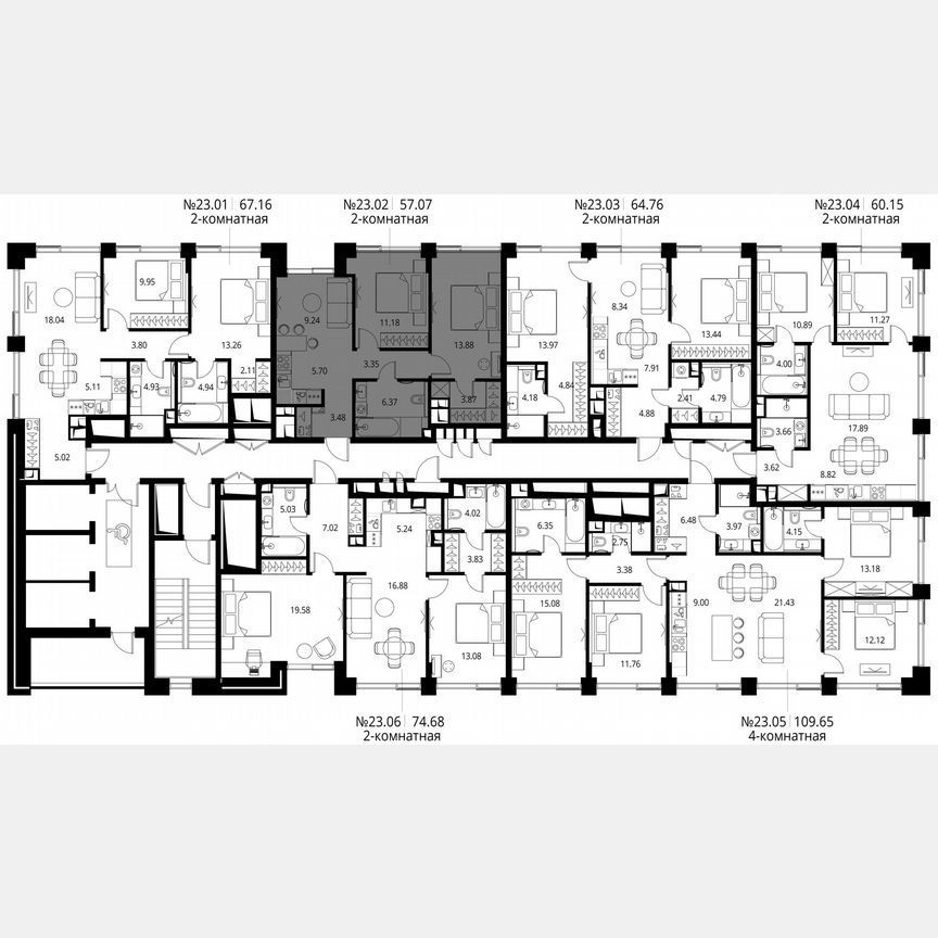 2-к. квартира, 57,1 м², 23/27 эт.