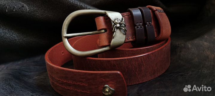 Кожаный ремень с литой пряжкой Паук /Арахнид Жорик