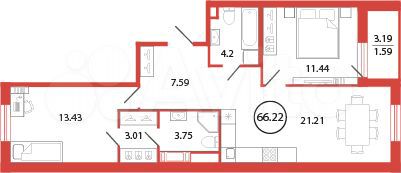 2-к. квартира, 66,2 м², 5/12 эт.