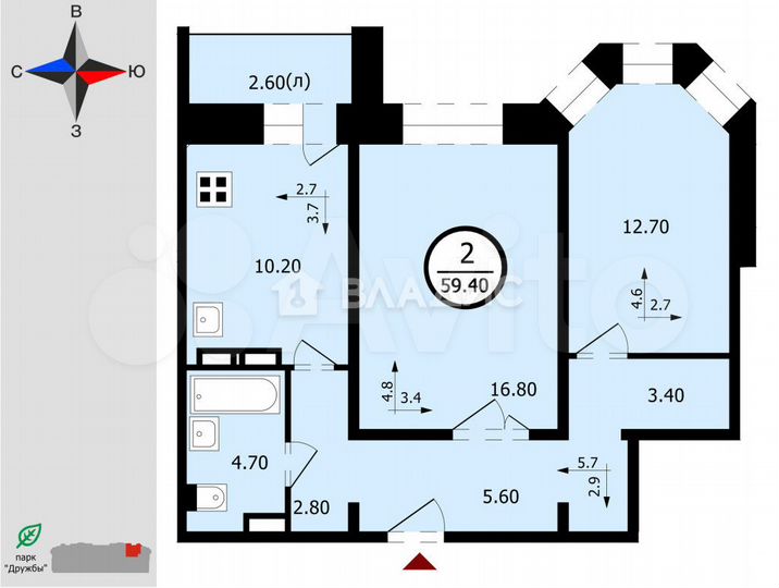 2-к. квартира, 59,6 м², 14/17 эт.