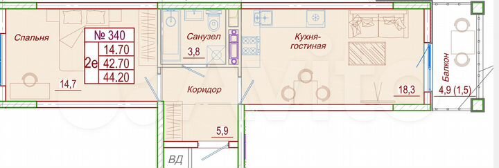 1-к. квартира, 44,2 м², 1/6 эт.
