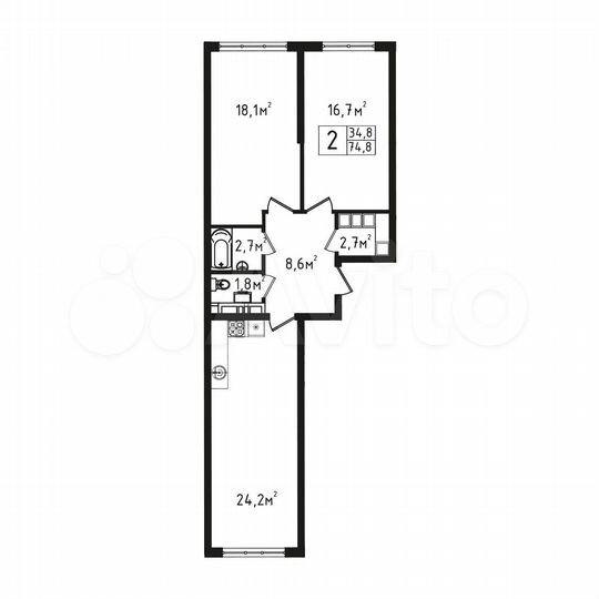 2-к. квартира, 74,8 м², 2/9 эт.