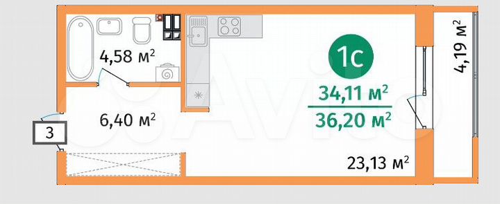 Квартира-студия, 34,1 м², 2/14 эт.