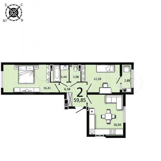 2-к. квартира, 59,9 м², 10/25 эт.