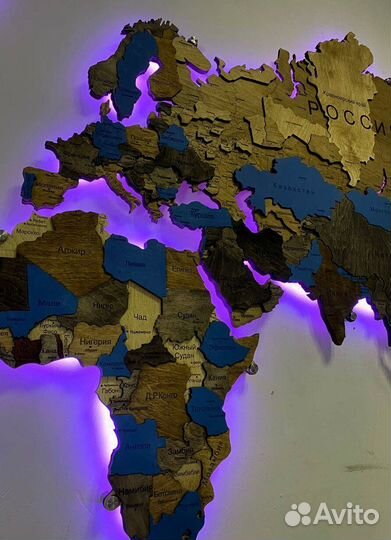 Карта мира из дерева С подсветкой