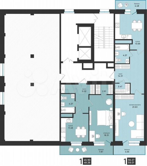1-к. квартира, 59 м², 12/13 эт.