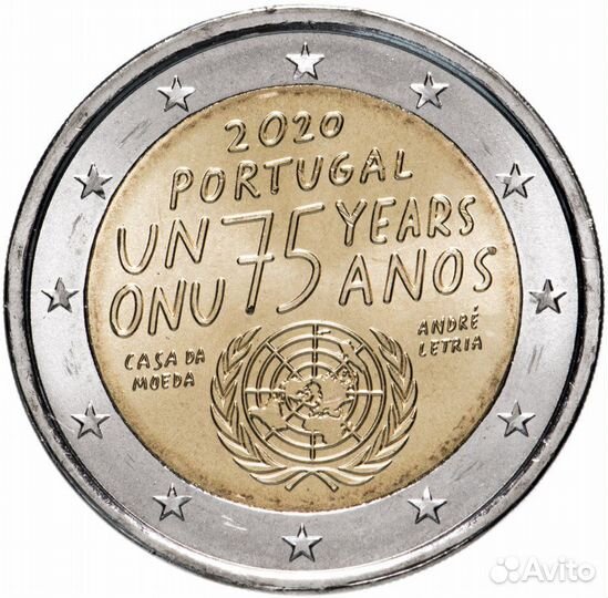 Монета 2 евро Португалия 2020 г. 75 лет оон UNC