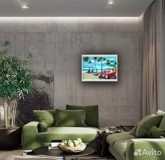 Картина маслом Морской пейзаж, красный автомобиль