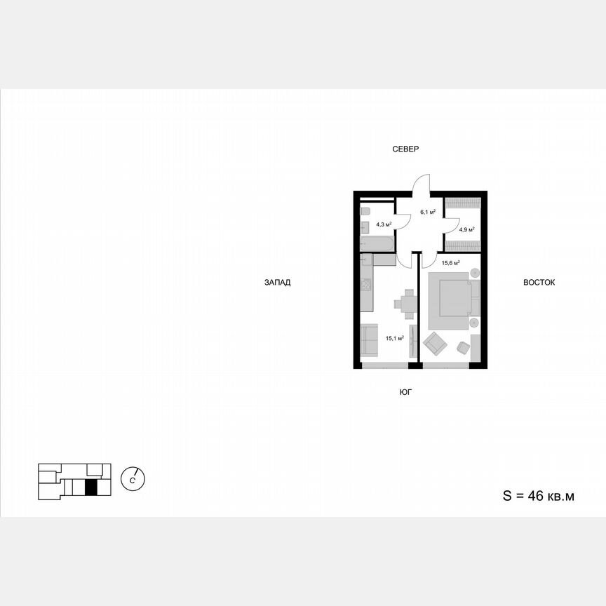 1-к. квартира, 46 м², 16/17 эт.