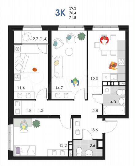 3-к. квартира, 71,8 м², 5/6 эт.