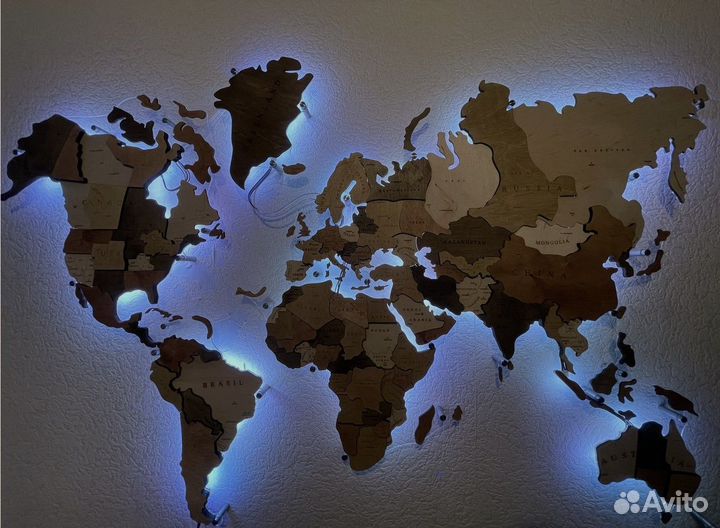 Карта мира из дерева пано на стену с подсветкой