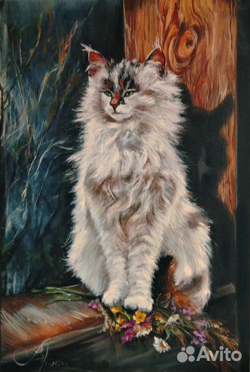 Белый кот картина маслом на холсте 40х60 см