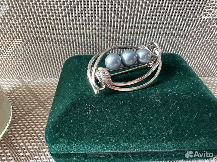 Брошь с голубым жемчугом серебро патина винтаж
