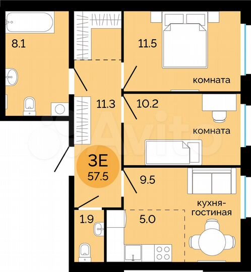 3-к. квартира, 57,5 м², 13/14 эт.