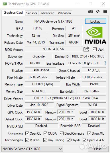 Видеокарта gigabyte GeForce GTX 1660