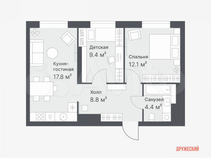 2-к. квартира, 58 м², 8/14 эт.