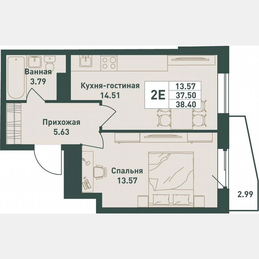 1-к. квартира, 38,4 м², 10/16 эт.