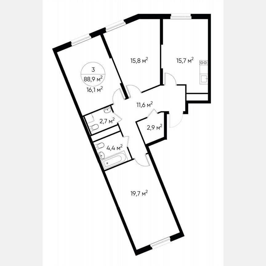 3-к. квартира, 88,9 м², 16/17 эт.