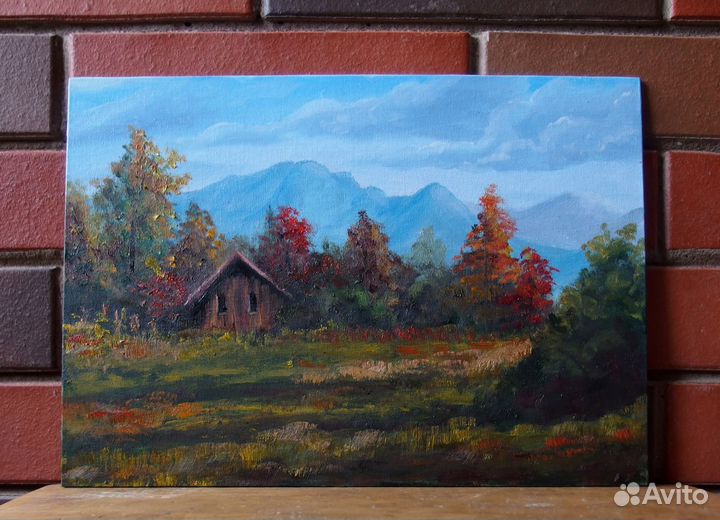 Картина пейзаж домик в горах, яркая осень, горы