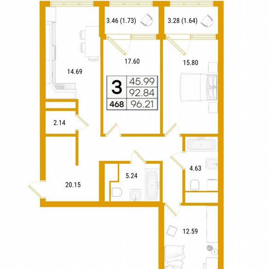 3-к. квартира, 96,2 м², 3/16 эт.