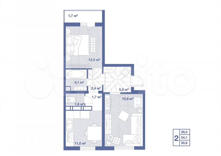 2-к. квартира, 55,8 м², 10/17 эт.