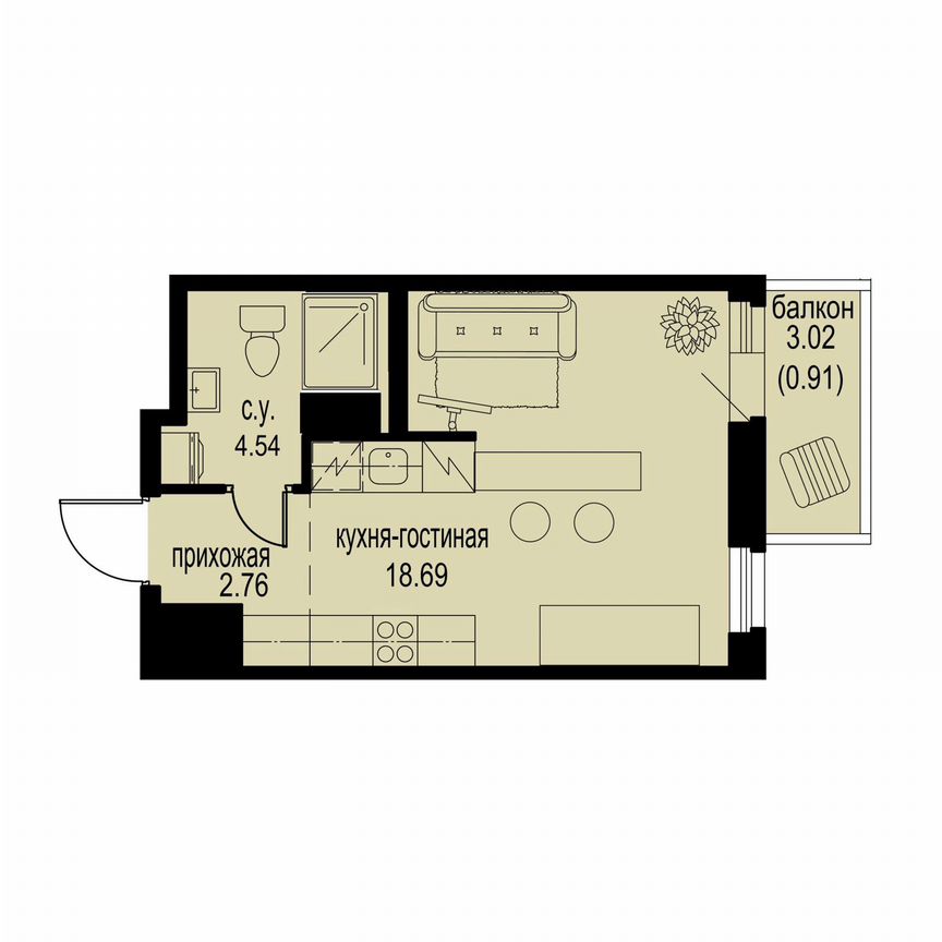 Квартира-студия, 26,9 м², 12/12 эт.