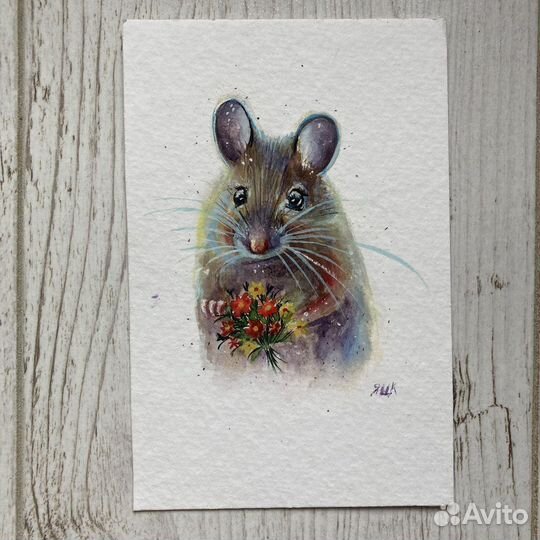 Картина акварель в раме мышонок