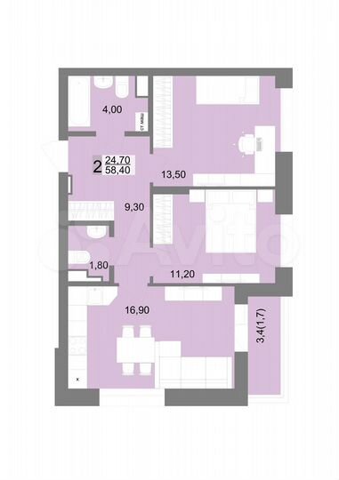 2-к. квартира, 58,4 м², 6/12 эт.