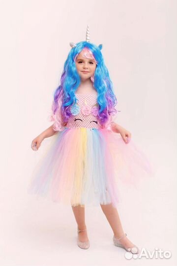Парик единорога разноцветный с рогом и ушками