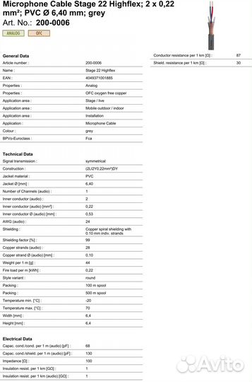 Микрофонный симметричный кабель 2х0,22, Германия
