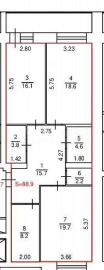 2-к. квартира, 88,9 м², 2/8 эт.