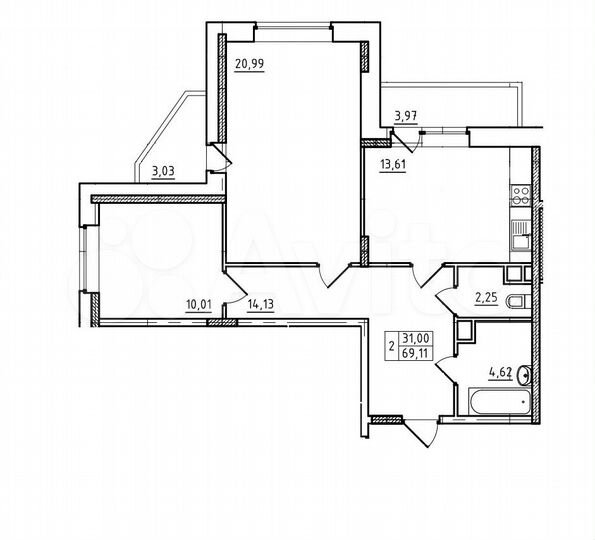 2-к. квартира, 68,6 м², 11/17 эт.