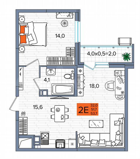 Квартира-студия, 53,7 м², 5/17 эт.