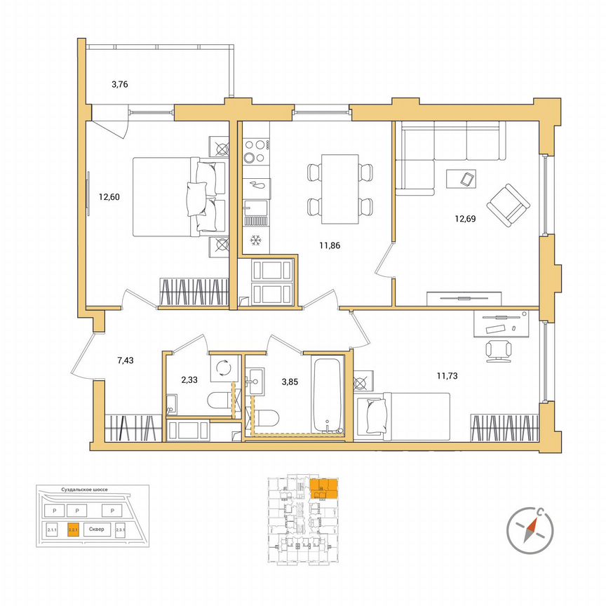3-к. квартира, 64,4 м², 24/25 эт.