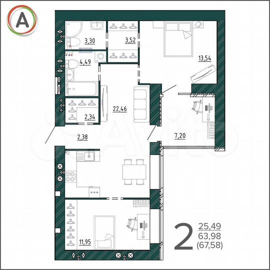 2-к. квартира, 67,6 м², 2/9 эт.