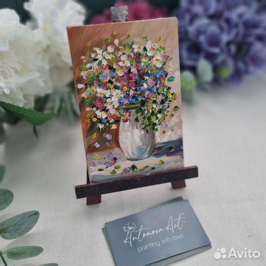 Картина цветы мaслом миниатюра натюрморт с цветами