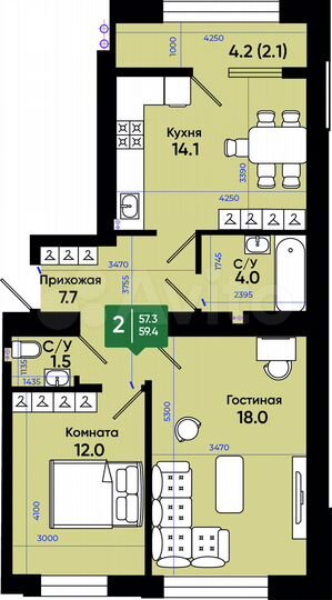 2-к. квартира, 59,4 м², 3/3 эт.