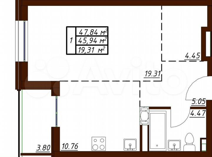 1-к. квартира, 47,8 м², 3/19 эт.