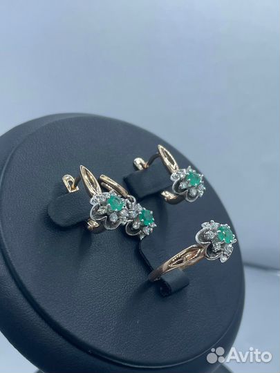 Золотой Комплект с Бриллиантами Изумрудами 585