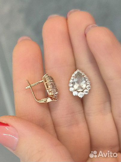 Золотые серьги празиолитом и фианитами 585