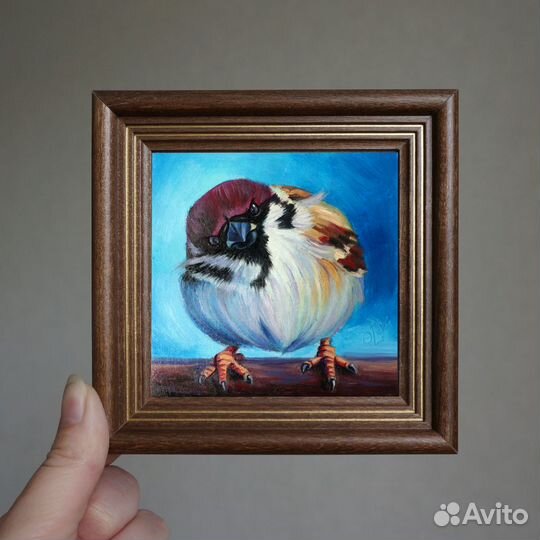 Картина маслом в раме Воробей 10х10см. В наличии